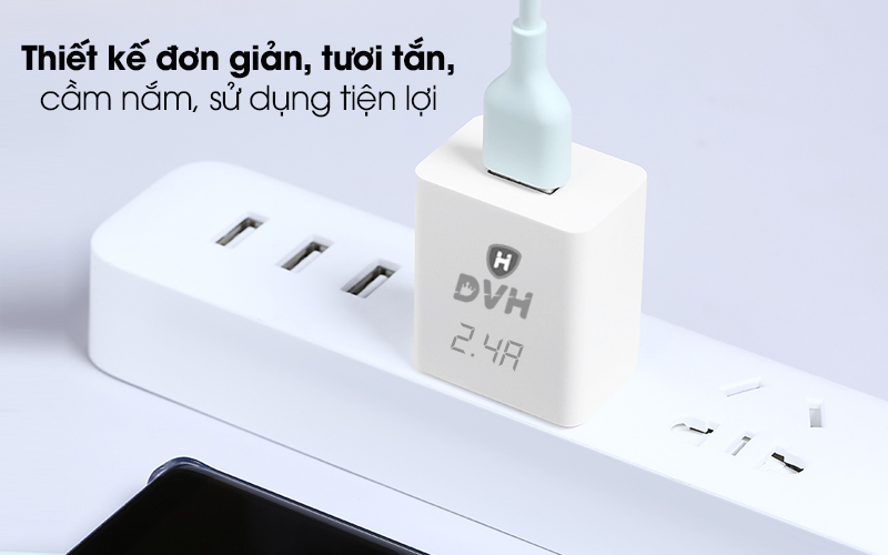 Adapter sạc 2.4A Dual DVH C9 Trắng - Thiết kế adapter sạc DVH C9 dạng hình hộp chữ nhật đơn giản
