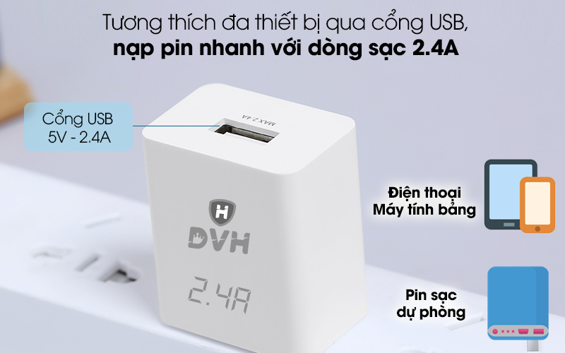 Adapter sạc 2.4A DVH C9 Trắng - Đầu ra USB 5V - 2.4A